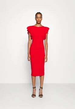 Contrast Frill Sleeve Midi Dress - Jerseyjurk - Red/Fuchsia