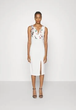 Embroidered V Neck Rose Midi - Jurk - White Floral
