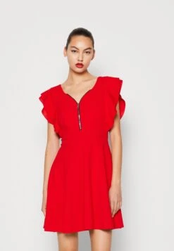 Wal G Danya Ruffle Sleeve Zip Skater Dress - Jerseyjurk - Red