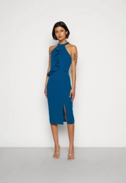 Wal G Sasha Frill Neck Midi Dress - Jerseyjurk - Dark Teal Blue