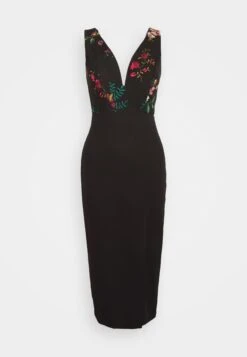Embroidered V Neck Rose Midi - Jurk - Black Floral -Wal G a4d373de98f74dff92ed1d355ce13437