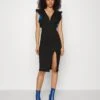 V Neck Ruffle Sleeve Midi Dress - Cocktailjurk - Black/Royal Blue