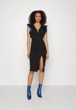 V Neck Ruffle Sleeve Midi Dress - Cocktailjurk - Black/Royal Blue